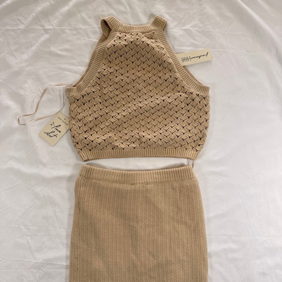 Freshman 1996 Women Tan Pointelle Knit 2 Piece Set Halter Crop Top Maxi Skirt XS - Picture 10 of 11